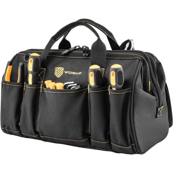 Works 16 Inch Wide Mouth Tool bag with 16 pockets Dual Zippered | Black - Picture 4 of 7